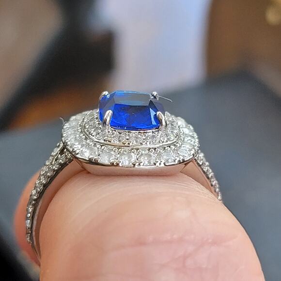 Rhodium Plated Simulated Sapphire Halo Ring - Size 7 - Double Halo Brilliance - Picture 10 of 11